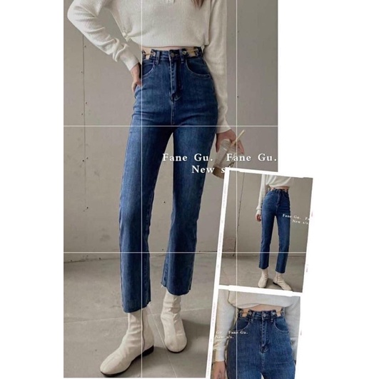 [ Ảnh thật ] Quần jeans ống đứng cạp cao phối xích | WebRaoVat - webraovat.net.vn