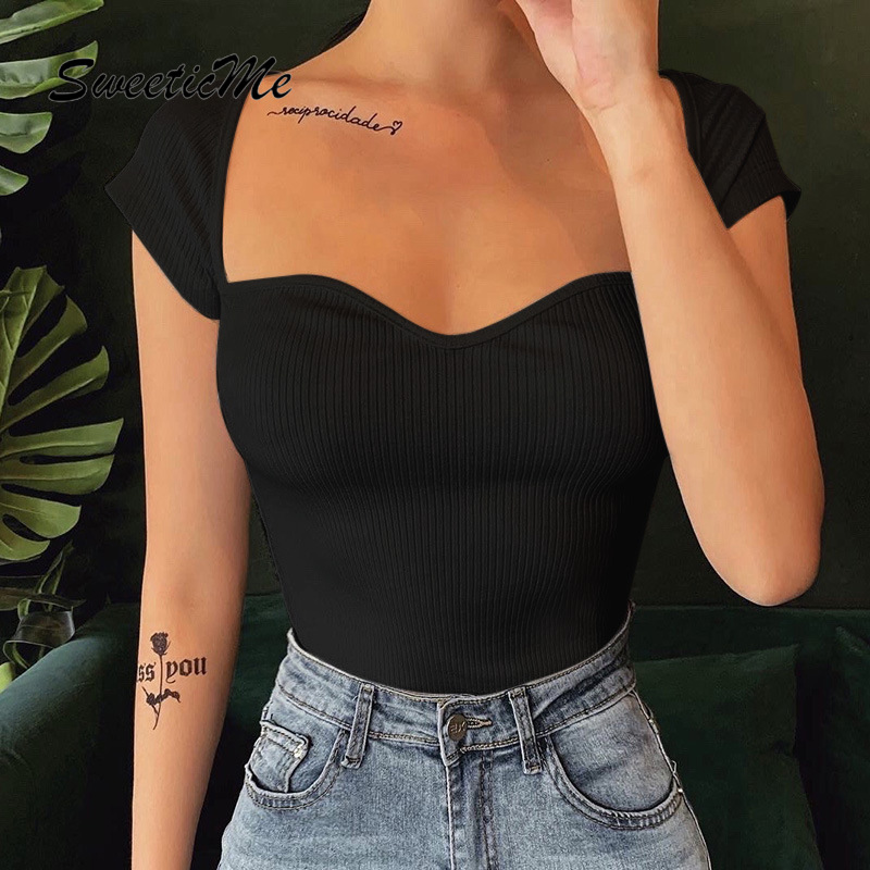 Áo Thun Cotton Tay Ngắn Cổ Thấp Màu Trơn Thiết Kế Mới Thời Trang Dành Cho Nữ