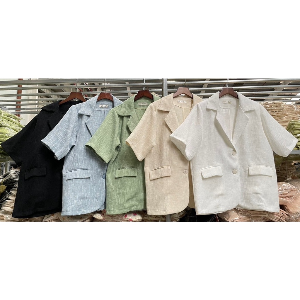 Áo blazer nữ cổ vest tay ngắn túi nắp trước vải bố 5 màu freesize Pumi | BigBuy360 - bigbuy360.vn