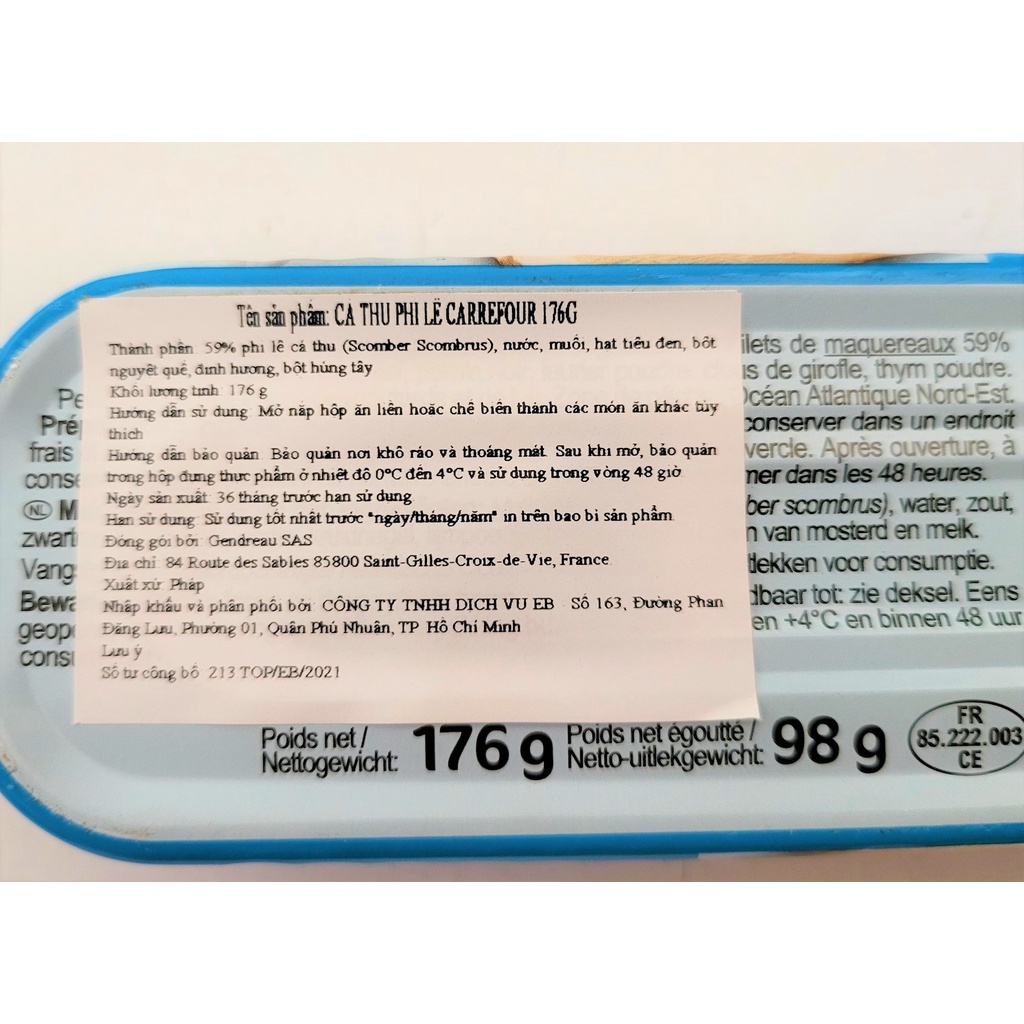 [Hộp 176g - XANH DƯƠNG] CÁ THU PHI LÊ [France] CARREFOUR Mackerel Fillet (atp)