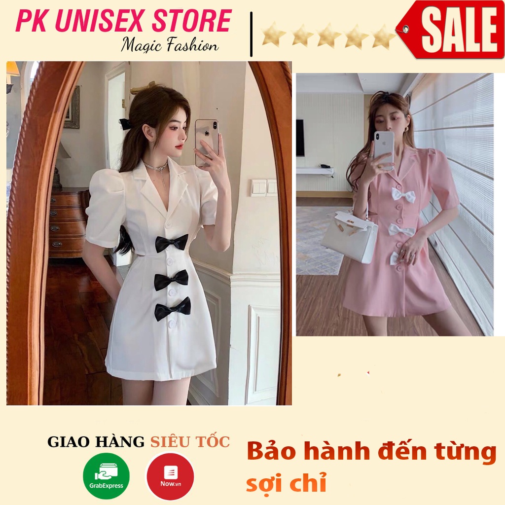 Đầm Cut Out Nữ Cổ Vest 🐳 Váy Nữ Cộc Tay Cúc Cài Phối Nơ 2 Màu 🐳