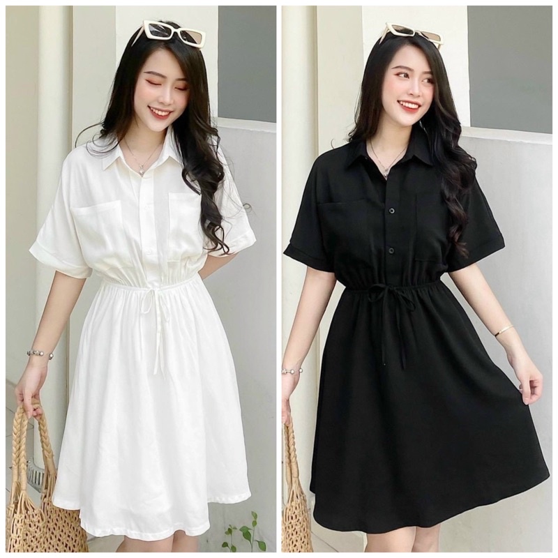Đầm váy sơ mi thun eo 2 màu