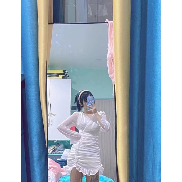 Váy voan trắng cổ V, đầm nhún bèo đuôi cá điệu đà Hàn Quốc mùa hè