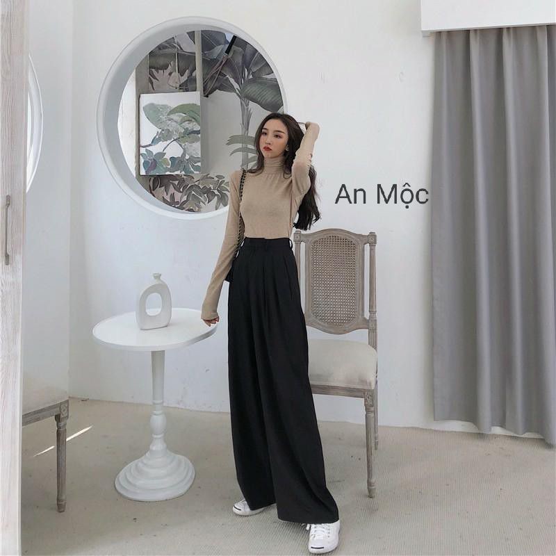 [AN MỘC] Quần ống rộng cạp cao cúc lệch 2 ly màu đen from dài chấm đất