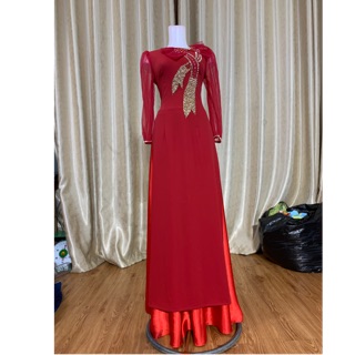 Áo dài đỏ đô☘️Shop Liên☘️ Áo dài đính nơ xinh sắn tay lưới 2 Tà