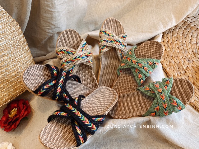 Dép Cói Thổ Cẩm 3 Quai Chéo Vintage, Dép Đi Biển, Dép Mang Trong Nhà, Dép Văn Phòng COI05