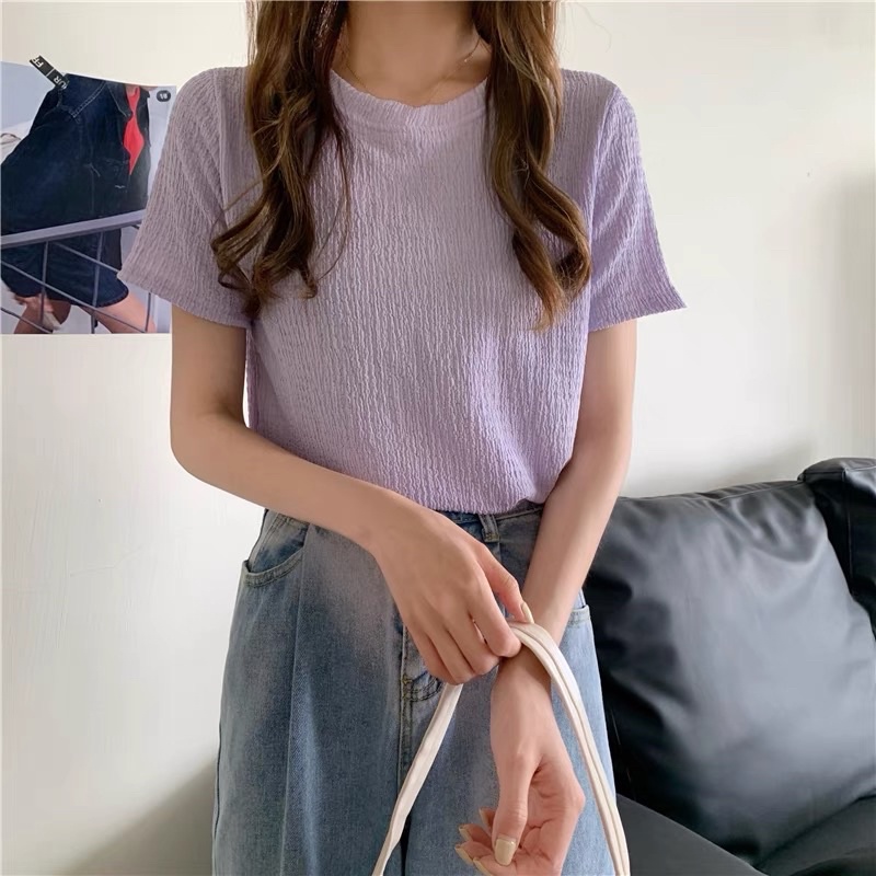 Áo thun xốp nhăn tay ngắn cổ tròn màu pastel