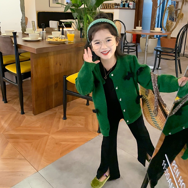 Áo Khoác Len Cardigan Màu Xanh Lá Phong Cách Hàn Quốc Cổ Điển Thời Trang Mùa Thu 2022 Mới Dành Cho Bé Gái