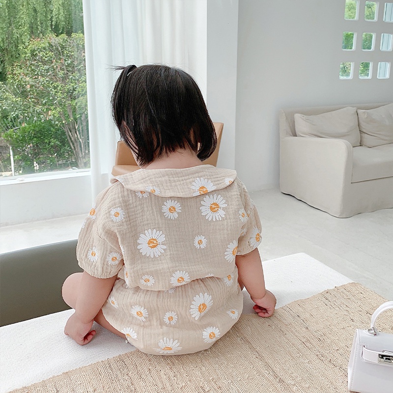 Set Áo Thun + Quần Short cotton Phối Ren Hoa Cúc Xinh Xắn Cho Bé Gái