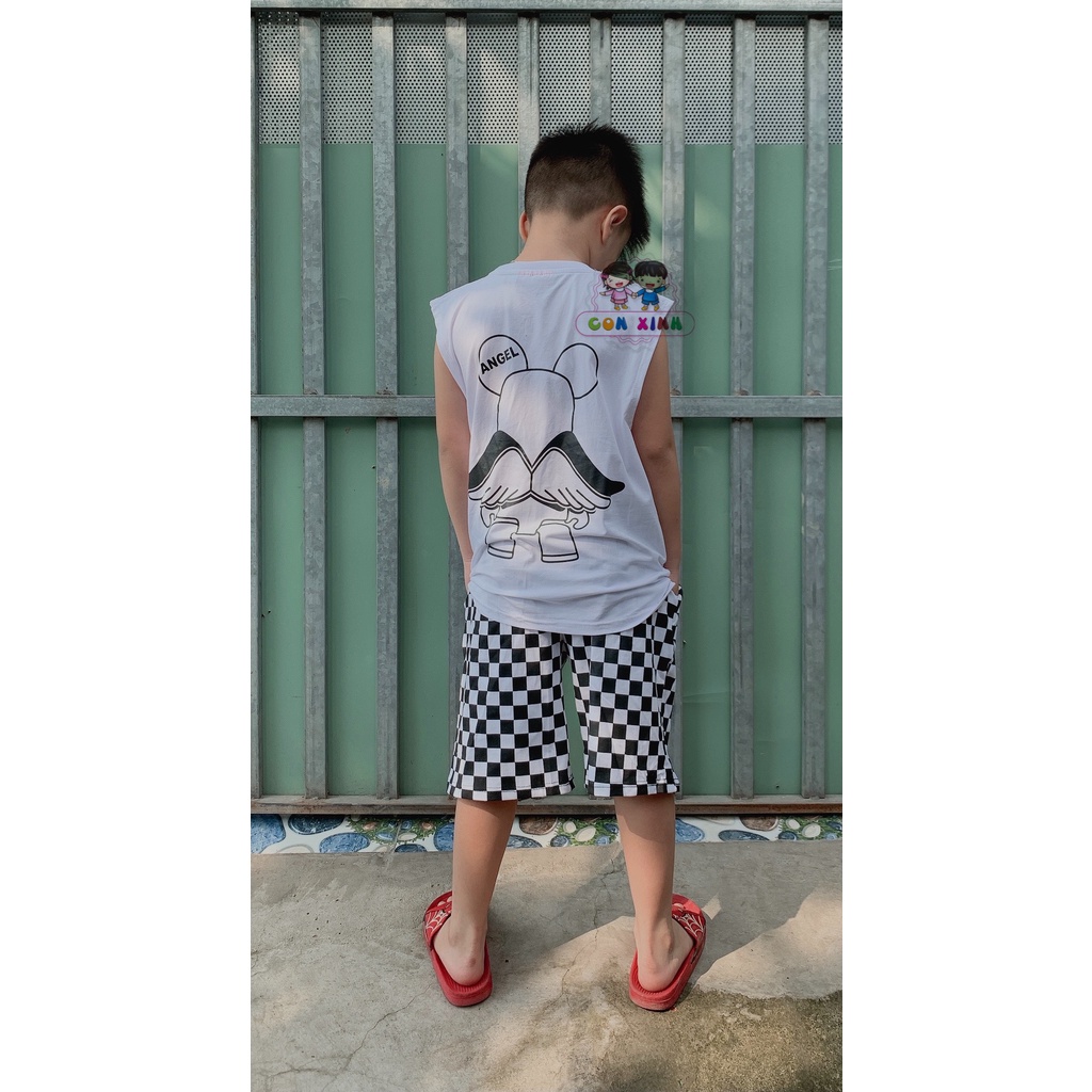 Bộ đồ bé trai CON XINH cotton áo sát cánh Thiên thần phối quần họa tiết Caro, thời trang cho trẻ em từ 4 đến 10 tuổi