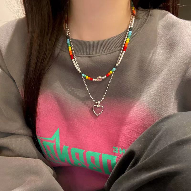 Set 2 dây chuyền AY mặt hình trái tim/ mặt cười chuỗi hạt nhiều màu sắc xếp lớp thời trang dành cho nữ