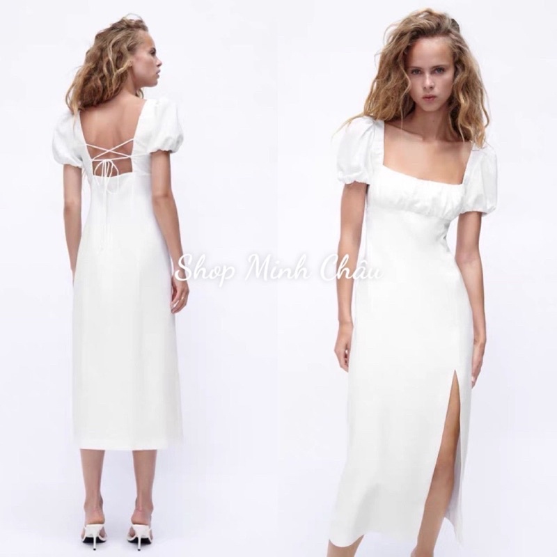 Váy midi trắng cổ vuông đan lưng xẻ Zarrraa