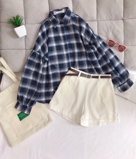 Áo sơ mi oversize caro tay phồng