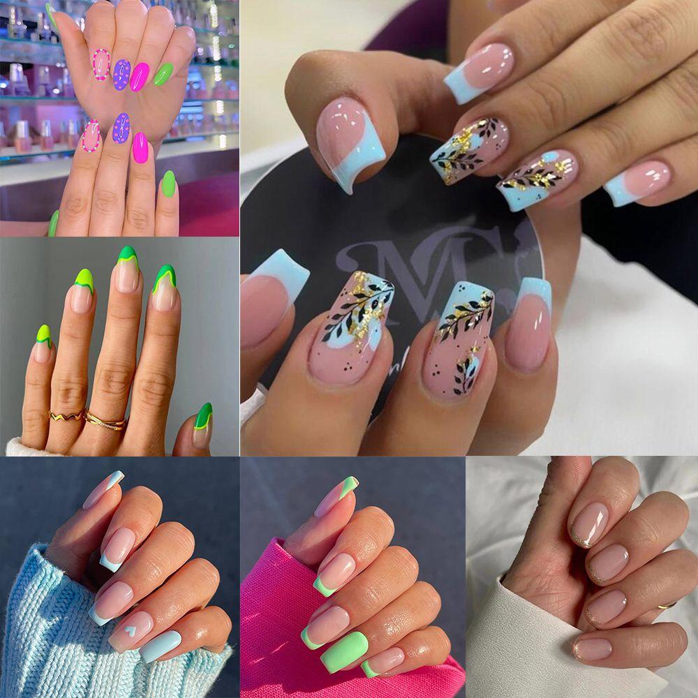 Set 24 Móng Tay Giả Dạ Quang Dạng Nhấn Màu Xanh Lá Kiểu Pháp