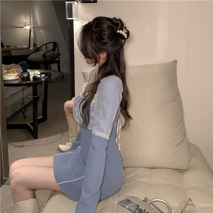 Đầm Midi Dáng Chữ A Tay Dài Phối Ren Quyến Rũ Cho Nữ