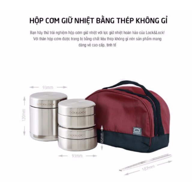 Bộ hộp cơm giữ nhiệt lock&lock LHC8015, gồm 3 hộp bằng inox kèm đũa và túi giữ nhiệt | BigBuy360 - bigbuy360.vn