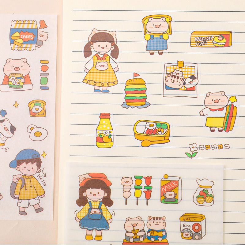 Sticker set 4 tấm cắt dán trang trí sổ hình cô bé theo các chủ đề