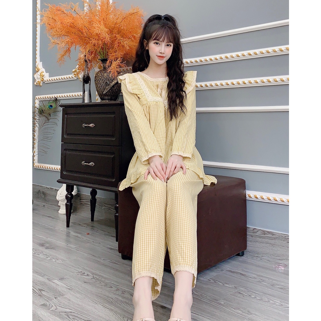 Bộ đồ bầu dài tay M413 chất đũi kẻ caro freesize từ 45 đến 70kg