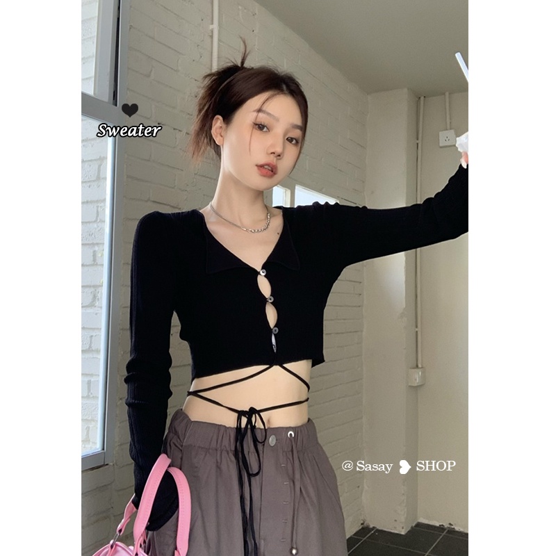 QADCOL  Áo Sweater Dệt Kim Tay Dài Dáng Ôm Cột Dây Trẻ Trung Quyến Rũ Dành Cho Nữ