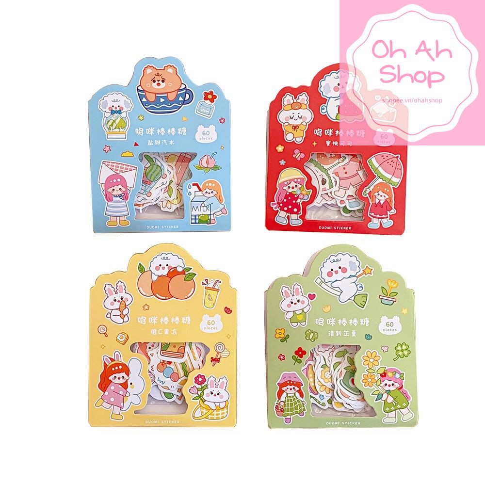 Bộ 60 sticker hình gấu thỏ và cô gái xinh xắn trang trí sổ nhật ký siêu xinh