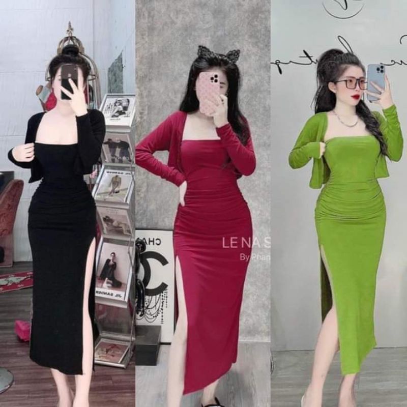 Đầm ống body phối áo khoác xinh