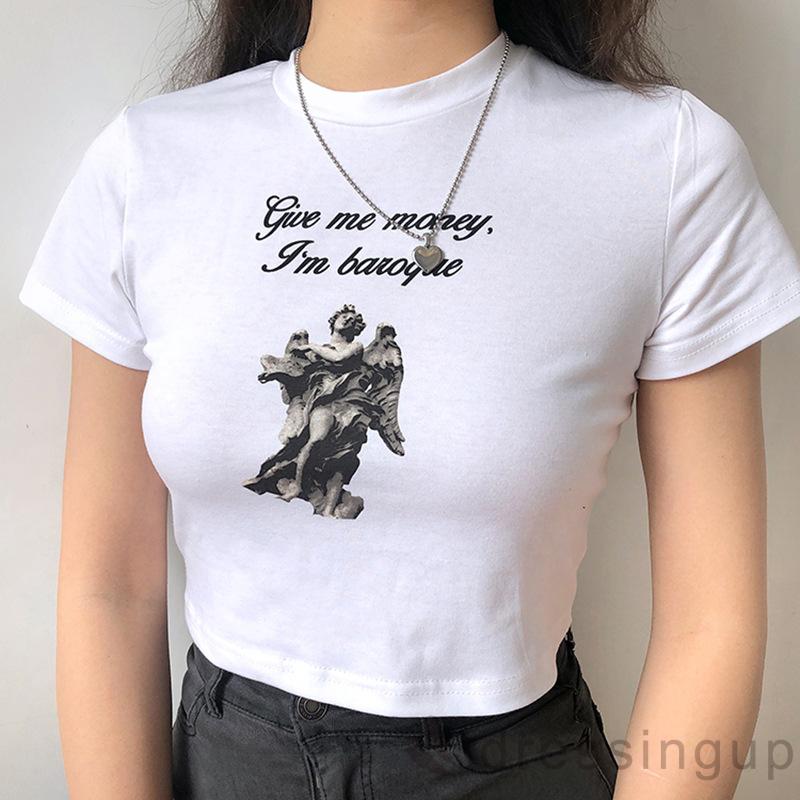 Áo Thun Lửng Ngắn Tay Cổ Tròn In Họa Tiết Cá Tính Dành Cho Nữ