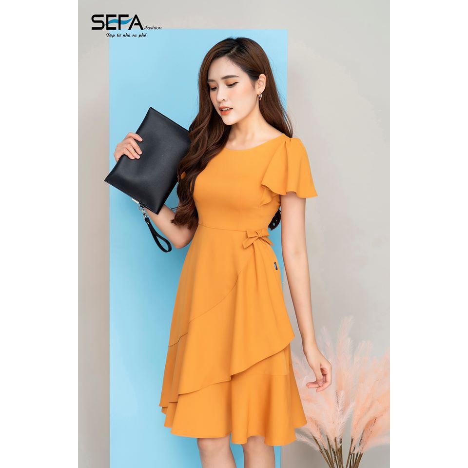 Đầm công sở xòe tà chéo nơ eo SEFA FASHION