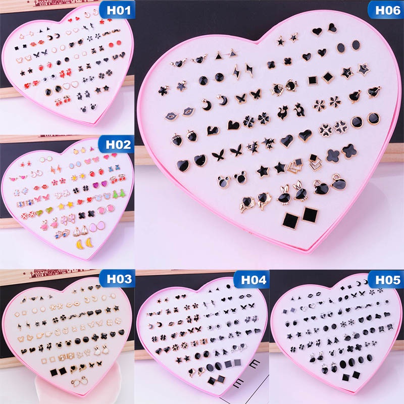 Set 36 đôi bông tai hình trái tim đính đá thời trang