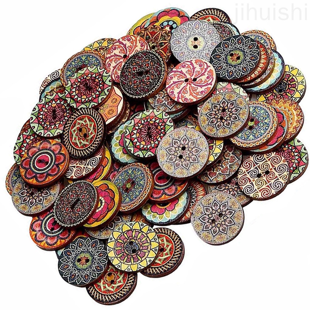 Set 100 nút tròn bằng gỗ in hình hoa phong cách cổ điển làm vật dụng thủ công tiện dụng