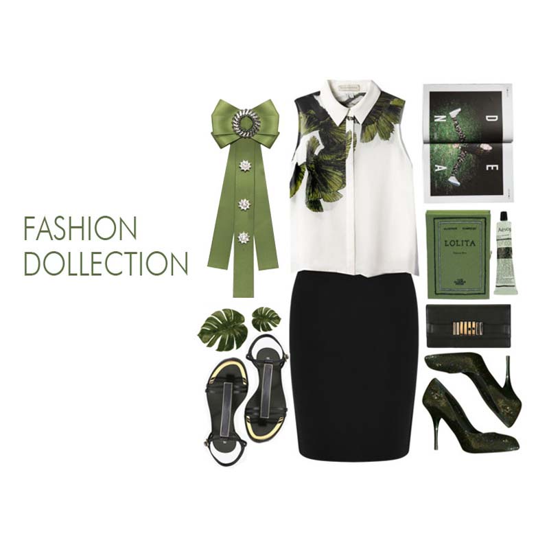 Cà Vạt Nơ Đeo Cổ Màu Xanh Ô Liu Đính Pha Lê Kèm Ghim Cài Áo Cho Nữ