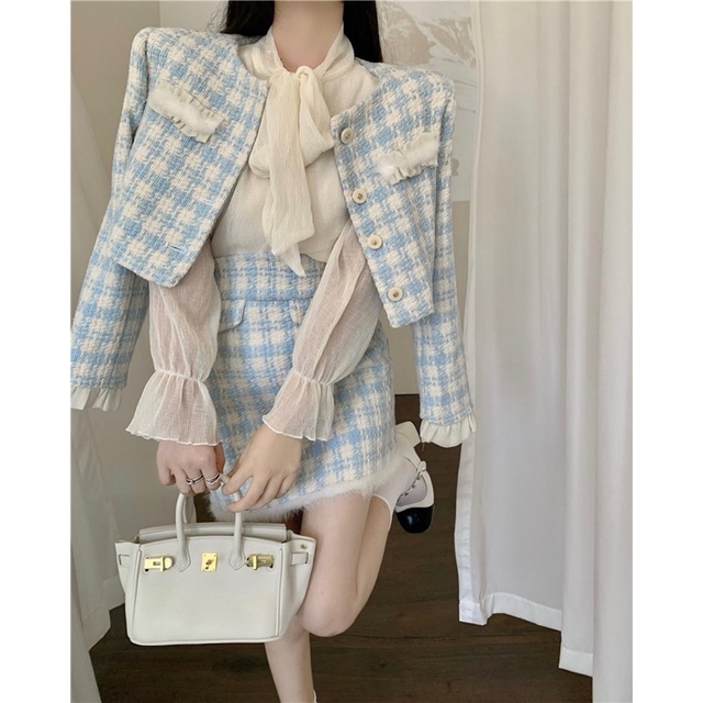 (SẴN) Set dạ xanh da trời kẻ tiểu thư