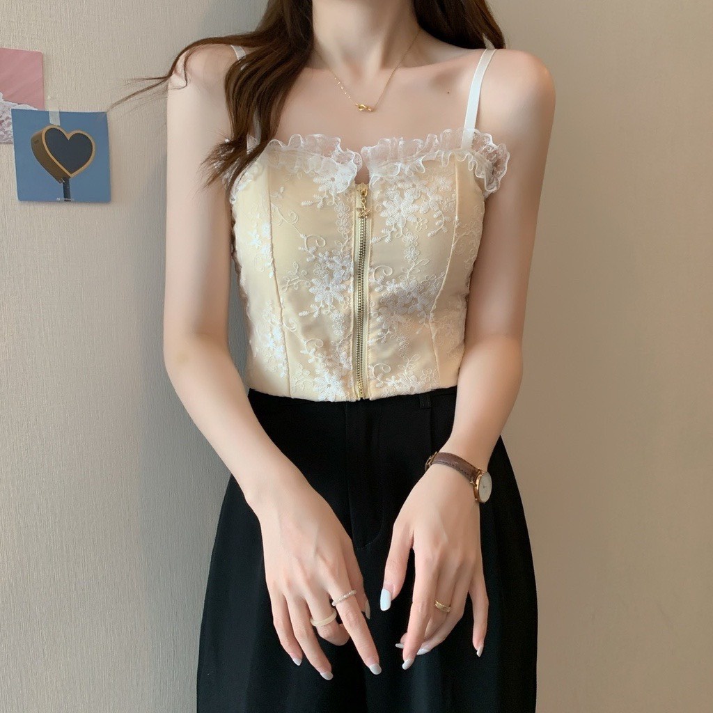 Áo Bra 2 dây corset ren thêu hoa khóa kéo sang chảnh 2210