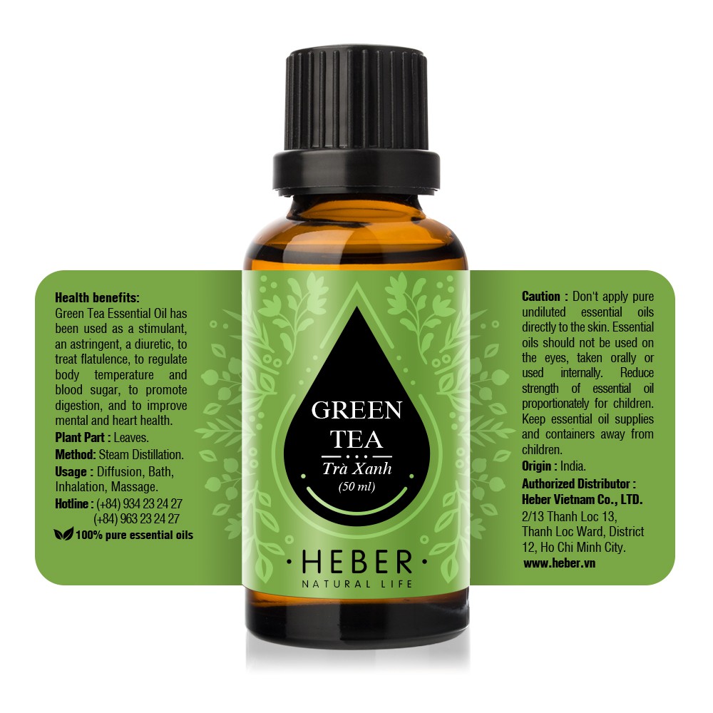 Tinh Dầu Trà Xanh Green Tea Heber Natural Life, Cao Cấp Nhập Khẩu, Thiên Nhiên Nguyên Chất, Chai 10ml/30ml/50ml