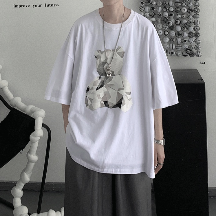 Áo thun ngắn tay dáng rộng in hoạt hình gấu kiểu Hàn Quốc cá tính dành cho nam và nữ cỡ lớn S-8Xl