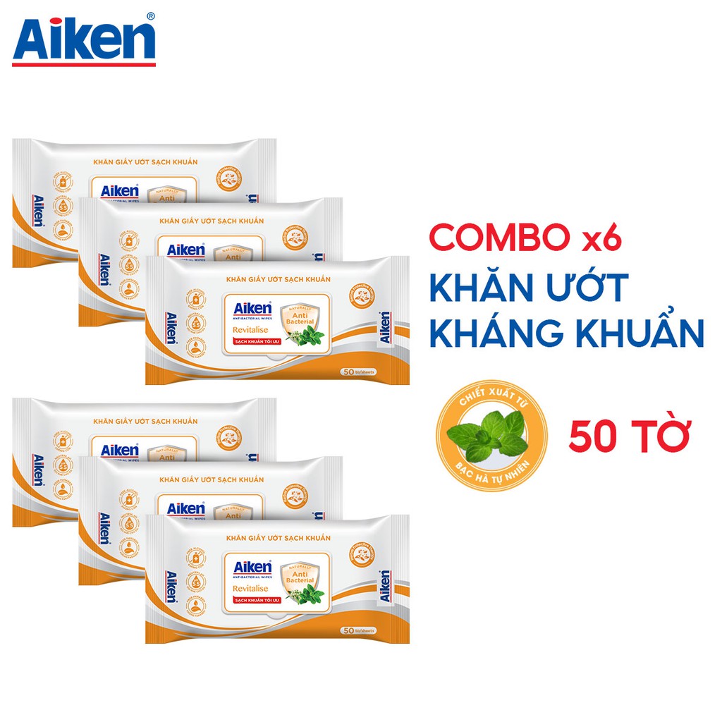 Aiken Combo 6 Khăn giấy ướt sach khuẩn chiết xuất bạc hà 50 tờ/túi