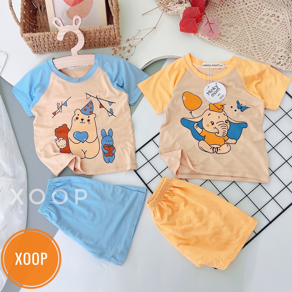 Đồ bộ cộc tay nền da minky mom chất thun lạnh họa tiết  gấu-voi bóng bay cho bé (8-18kg) (2106  )
