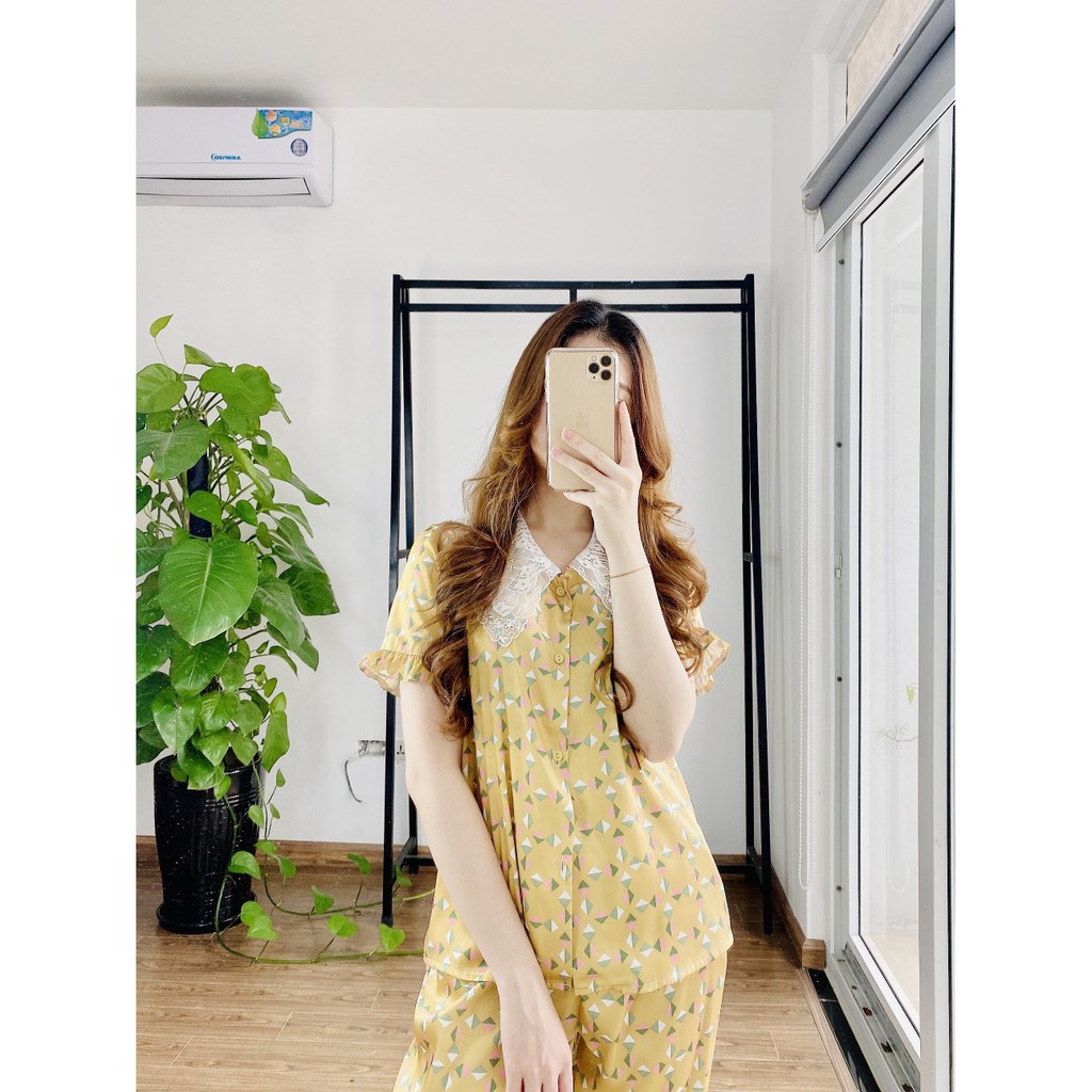 Bộ Pijama lụa giấy NOHK cao cấp mặc nhà cộc tay quần dài họa tiết tay bồng