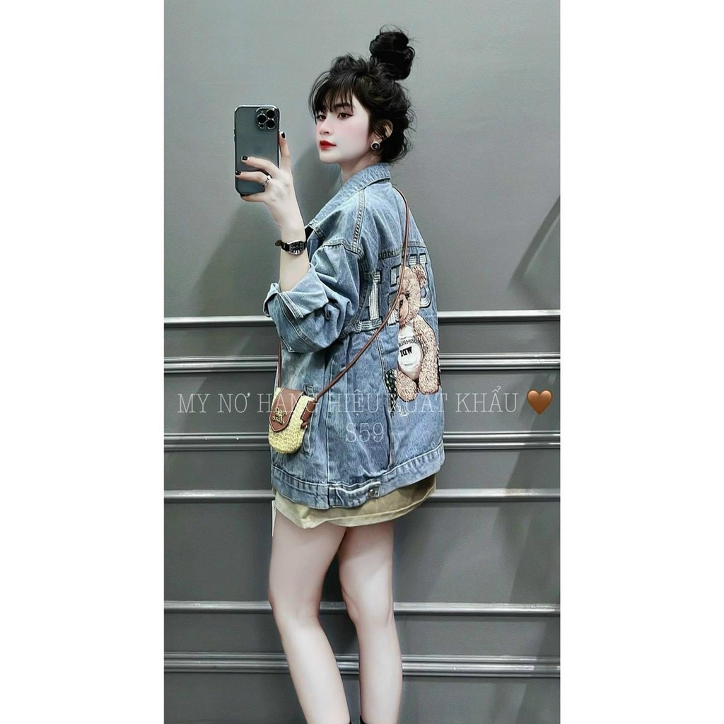 Áo Khoác Nữ Jean UNISEX Form Rộng GẤU Nam Nữ - Áo khoác bò denim GẤU nữ form rộng suông siêu dày dặn cúc đồng - TC130