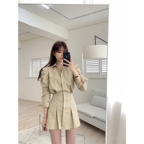 Đầm sơ mi tay dài ôm eo phong cách Hàn Quốc thời trang dành cho nữ