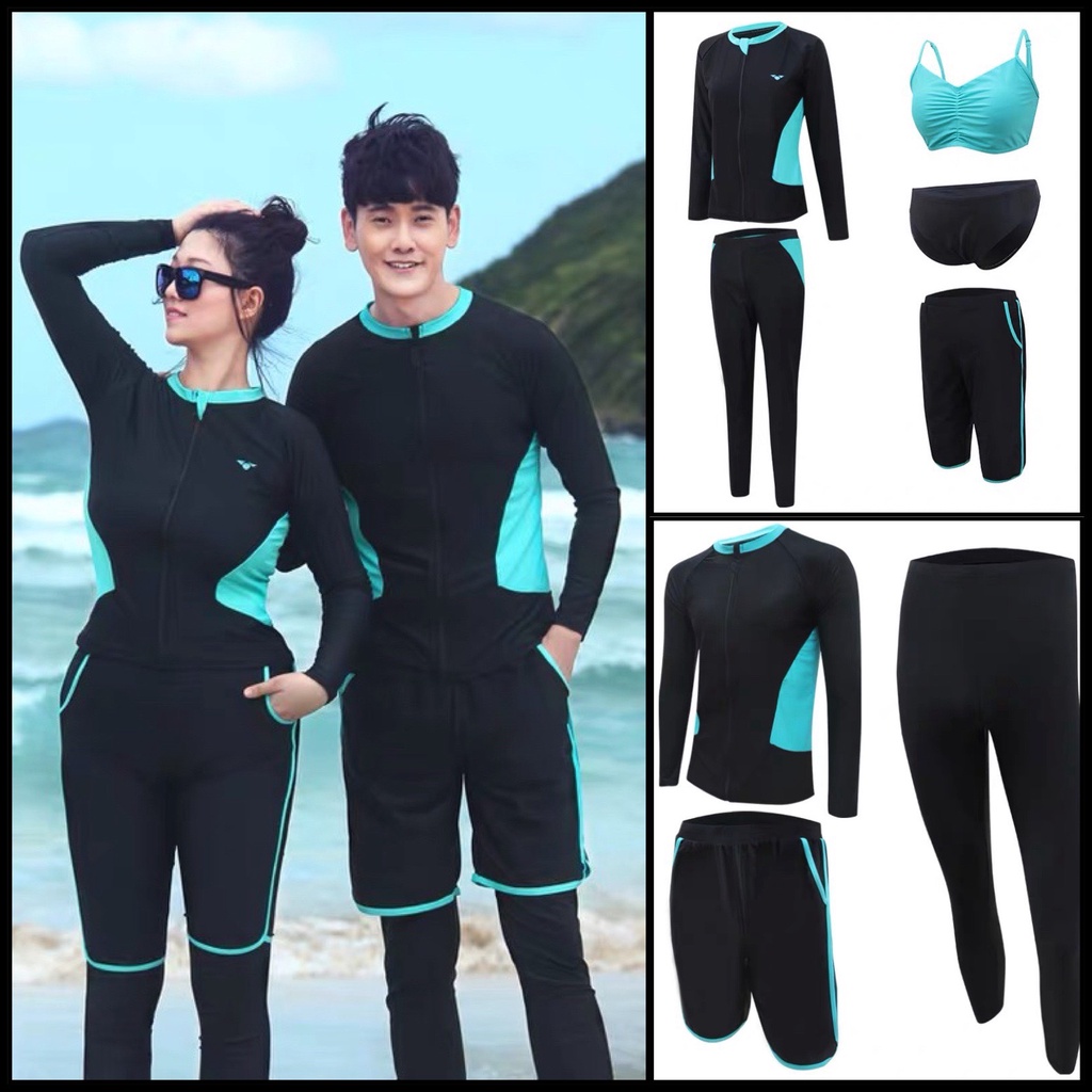Bộ đồ bơi bikini tay dài đôi nam nữ đen lườn xanh 5 mảnh quần lửng siêu xịn