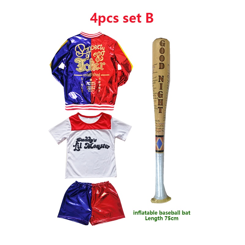 Harley Quinn trang phục cosplay Halloween trẻ em cô gái Suicide Squad áo thun quần short tóc giả lễ hội trang phục