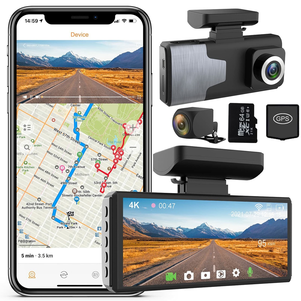 Máy ghi âm trên ô tô, cam kép màn hình nhỏ 4K với WiFi, phát hiện chuyển động, tầm nhìn ban đêm, bao gồm thẻ TF 64GB