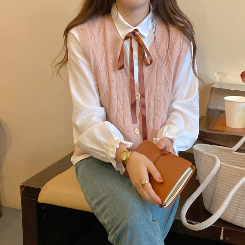 Set Áo Sơ Mi Tay Dài + Áo Len Không Tay Thắt Nơ Thời Trang Dành Cho Nữ