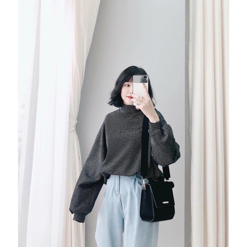 Áo Nỉ Kẻ Tay Bồng Cổ Lọ Nhiều Màu