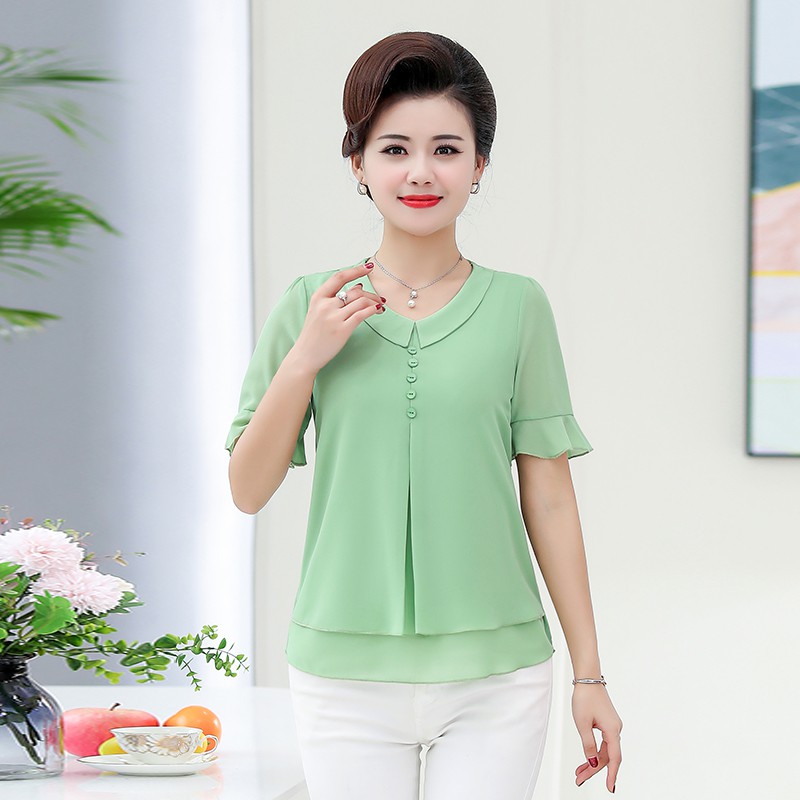 Áo Kiểu Chiffon Tay Ngắn Thời Trang Mùa Hè Cho Phụ Nữ Trung Niên 40-50 Tuổi