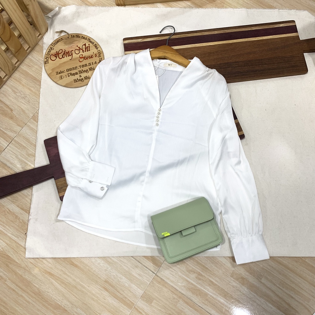 Sơ Mi Lụa Cổ Tròng Đính Hạt Tay Phồng Sang Trọng - Áo Kiểu Công Sở Ulzzang TT