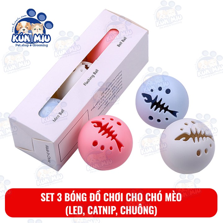 Set 3 quả bóng đồ chơi cho chó mèo Kún Miu (Bóng phát sáng, Bóng chuông, Bóng catnip)