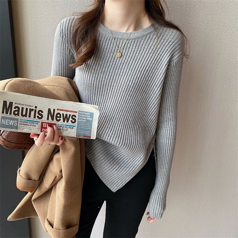 【ZHELIHANGFEI】Áo Sweater Dệt Kim Thiết Kế Xẻ Tà Phong Cách Phương Tây