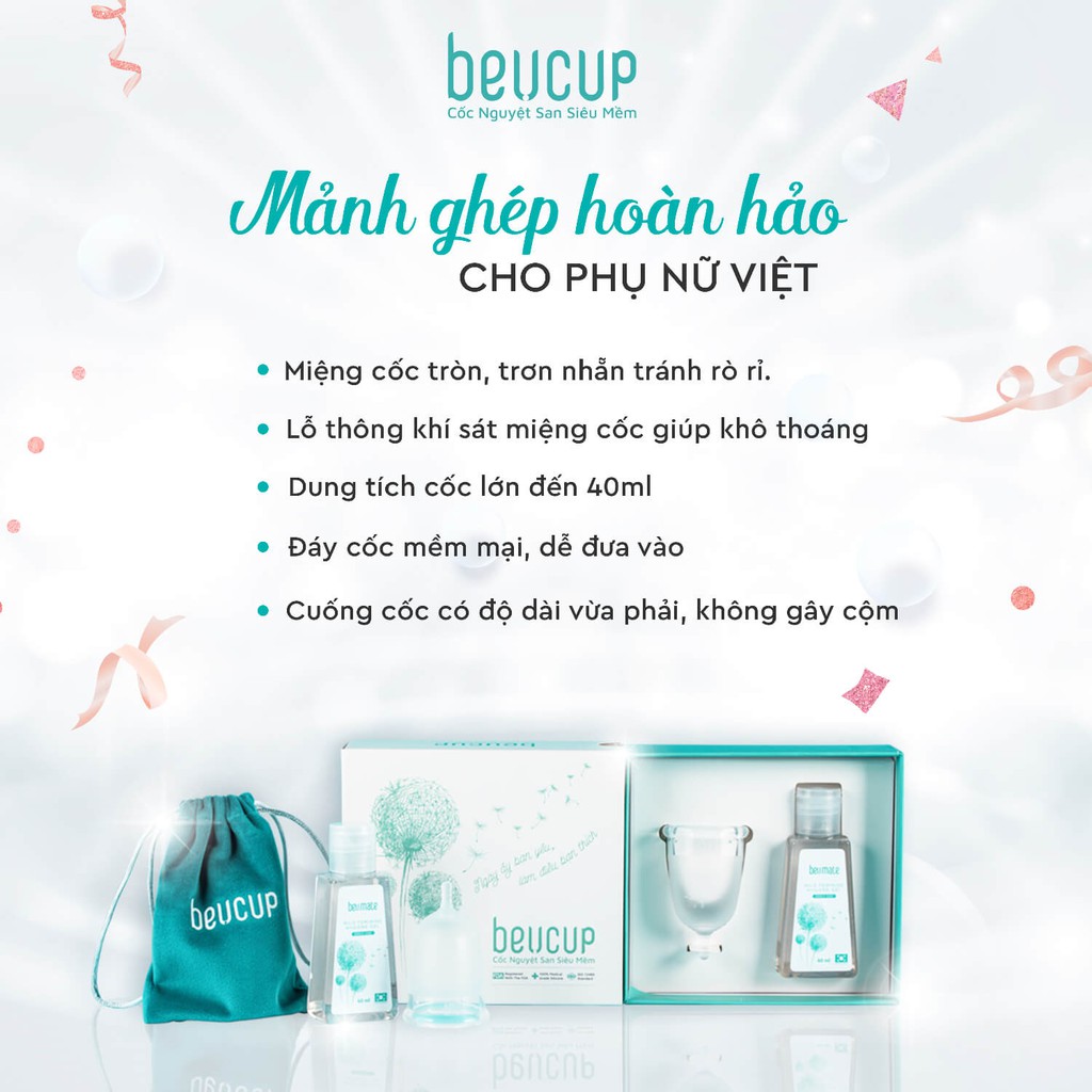 Combo 2 Cốc Nguyệt San BeUCup Chính Hãng, 100% Silicol Y Tế Tặng Kèm Dung Dịch Vệ Sinh Phụ Nữ BeU Care