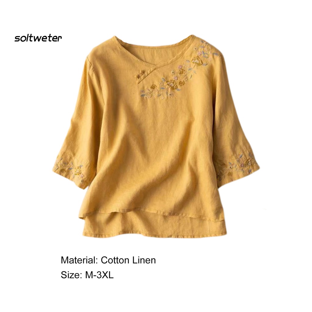 Áo Thun Cotton Lanh Tay 3 / 4 Xẻ Tà Thêu Họa Tiết Hoa Phong Cách Vintage Cho Nữ